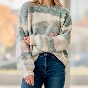 Altar'd State Cozy Pastel Striped Crewneck Sweater - Cream, Sage, Blush